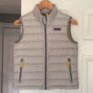 Patagonia Light Gray Quilted Puffer Vest with Yellow Accents